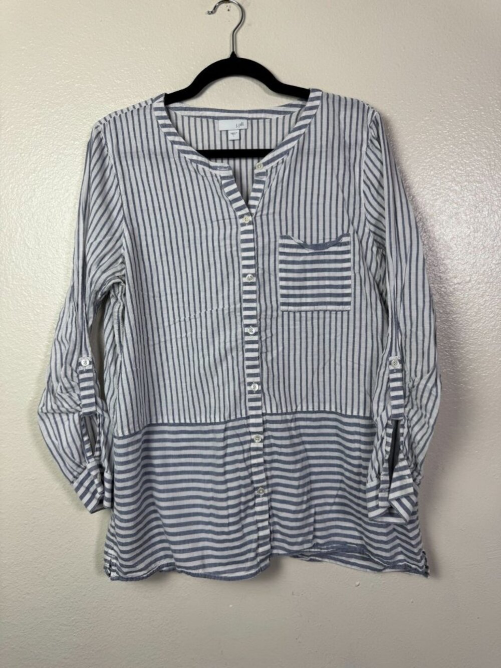 J. Jill Womens Blue White Striped Button Front Tunic Top Size Large 100% Cotton